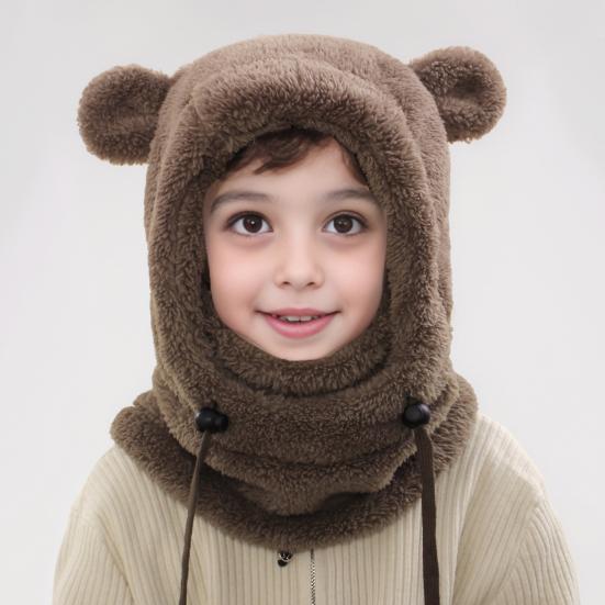 Children Hat with Adjustable Face Guard Full Coverage Ski Hat Cartoon Bear Ear Design Cold Weather Face Guard Scarf Hat