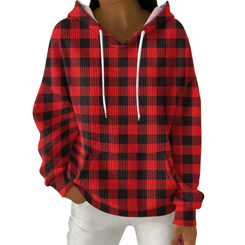 Women's Fashion Casual Plaid Print Pullover Long-Sleeve Hooded Sweatshirt