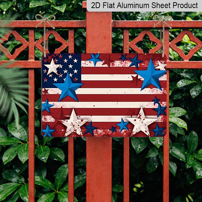 2D Flat, 1pc Patriotic Star Flag Decor Plaque, 12"×8" - Red White & Blue Star Design Wall Sign - Aluminium Wall Hanging Decoration for Holiday, Home