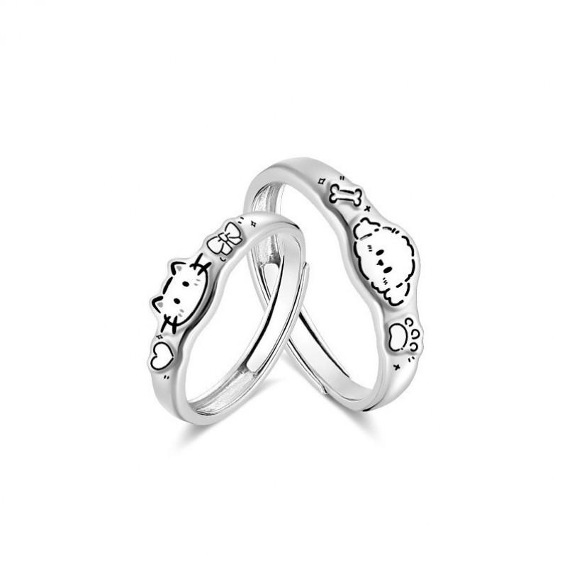Cute Cartoon Kawaii Couple Rings Set Sterling Adjustable Open Band Women Men Vintage Style