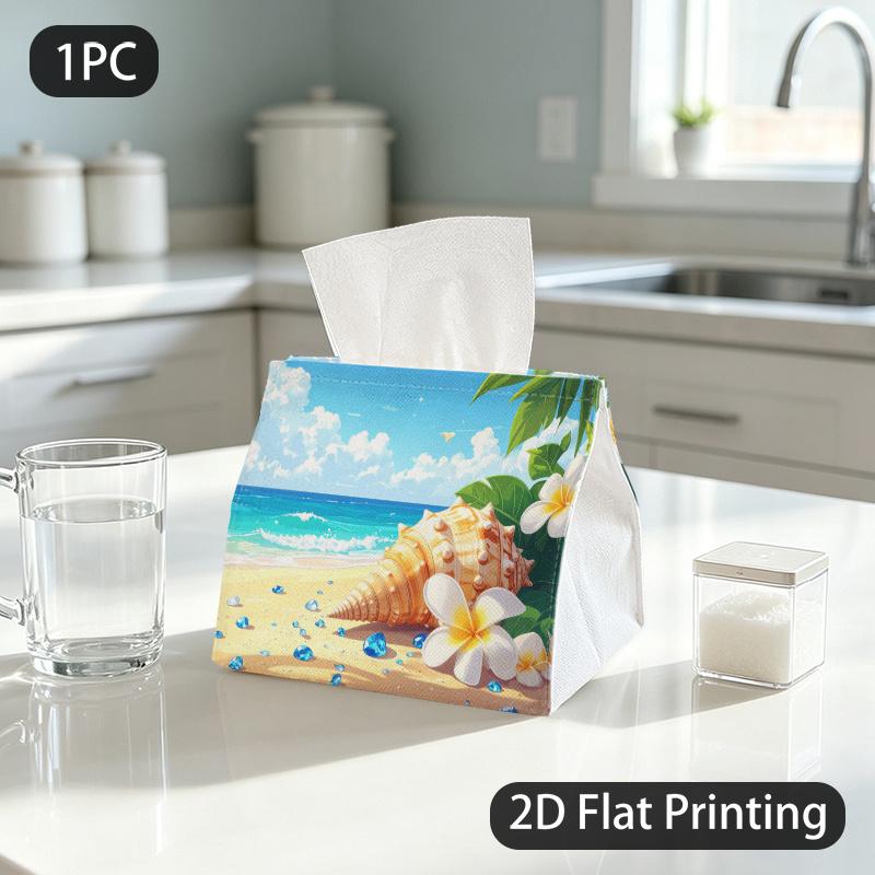 1pc Tissue Box, ANIME STYLE TROPICAL BEACH CONCH PLUMERIA JOYFUL Pattern, 2D Flat Printing, Keeps Dust Out, Can Be Washed, Tissue Dispenser, for Dormi