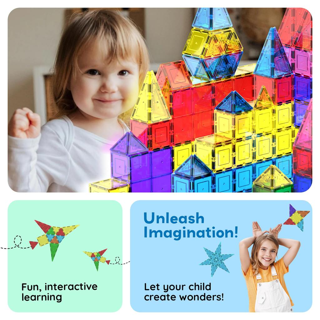 PicassoTiles 100 Piece Set 100pcs Magnet Building Tiles Clear Magnetic 3D Blocks Construction Playboards, Creativity Beyond Imagination, Inspirational