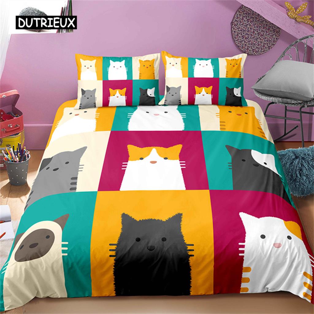 Cartoon Pet Cats Bedding Collection Colorful Stitching Animal Duvet Cover Cat Lovers Exclusive Gift For Bedroom Decoration Women Men