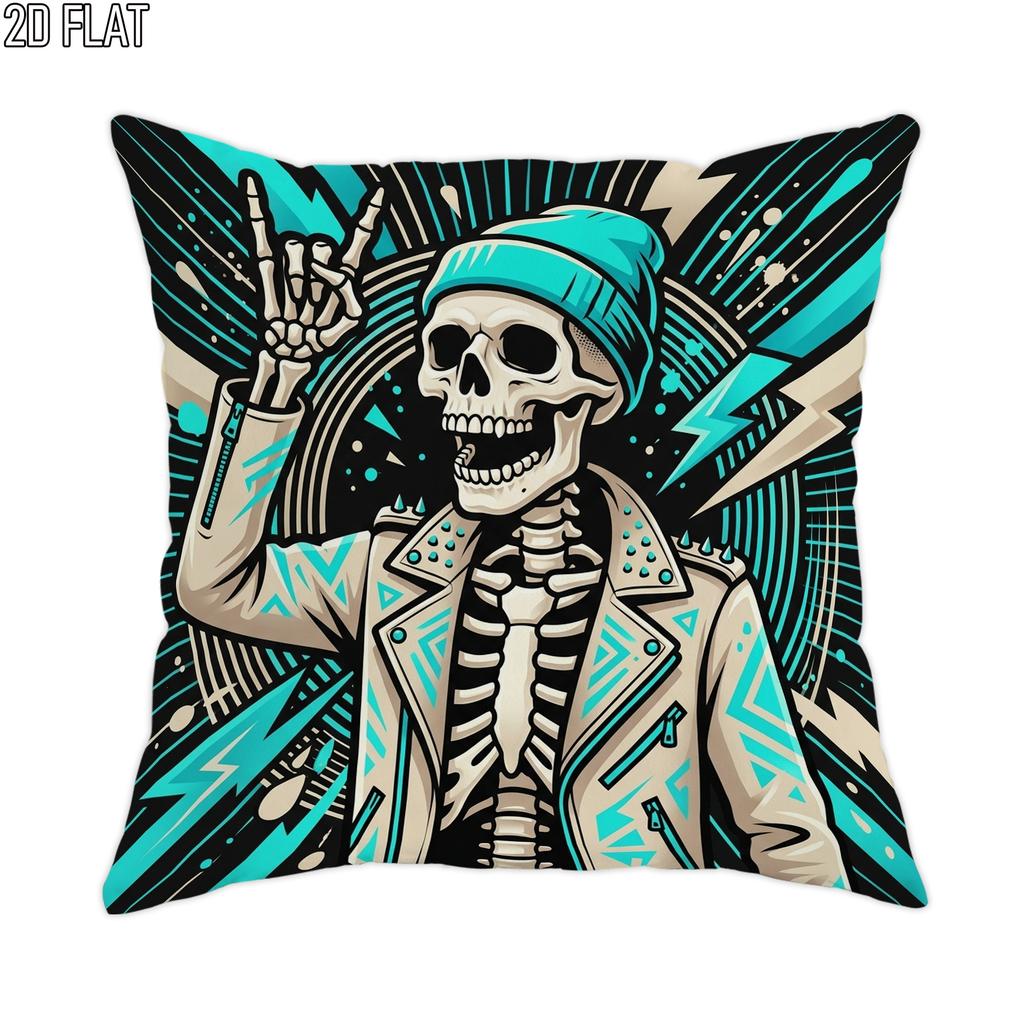 2D Flat 1pc Halloween Rock Skeleton Pillowcases Cyan Throw Pillow Covers One Sided Printing Without Pillow Inserts Sofa Bed Decor for Bedroom Living R