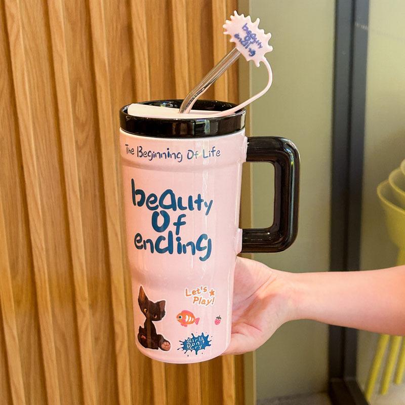 Милая чашка-соломинка высокой ценности в стиле инс для девочек, керамическая кружка большой вместимости с крышкой, парная чашка для воды, подарок на день рождения