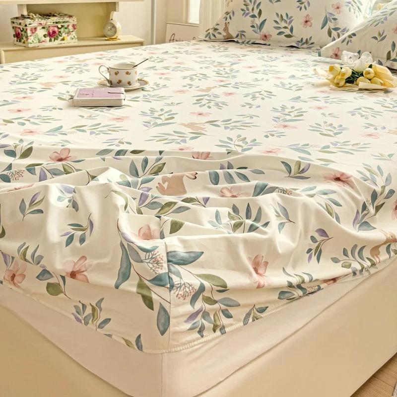 Floral Leaves Pattern Fitted Sheet Set 100% Cotton Comfortable Soft Bedding Set Plants Printed Mattress Cover with Pillowcases