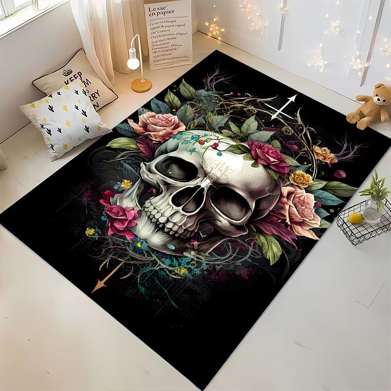 Floral Skull Print Carpet with Roses and Vintage Artistic Style Design Suitable for use as an anti-slip for living room bedroom sofas