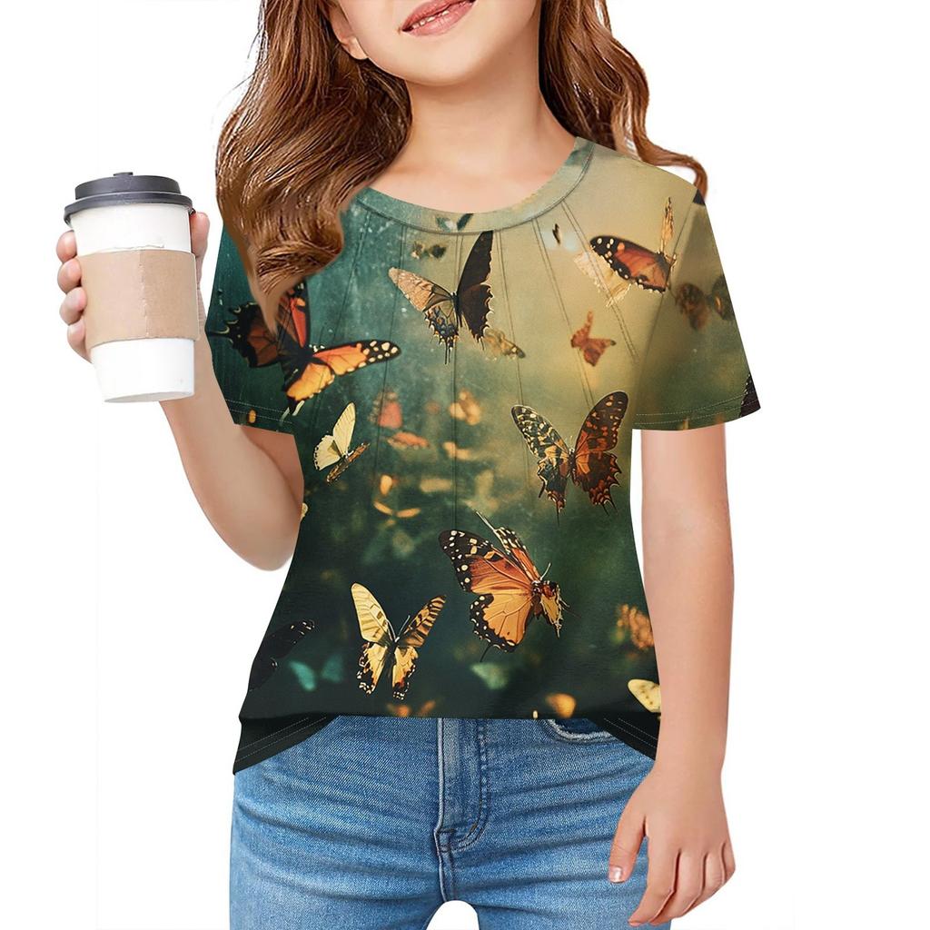 Детская футболка Fold A для девочек, летняя модная куртка с круглым воротником и цветочным принтом с короткими рукавами