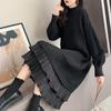 Women's Half High Collar Wool Knitted Dress Solid Color Long Sleeve Sweater Long Dress