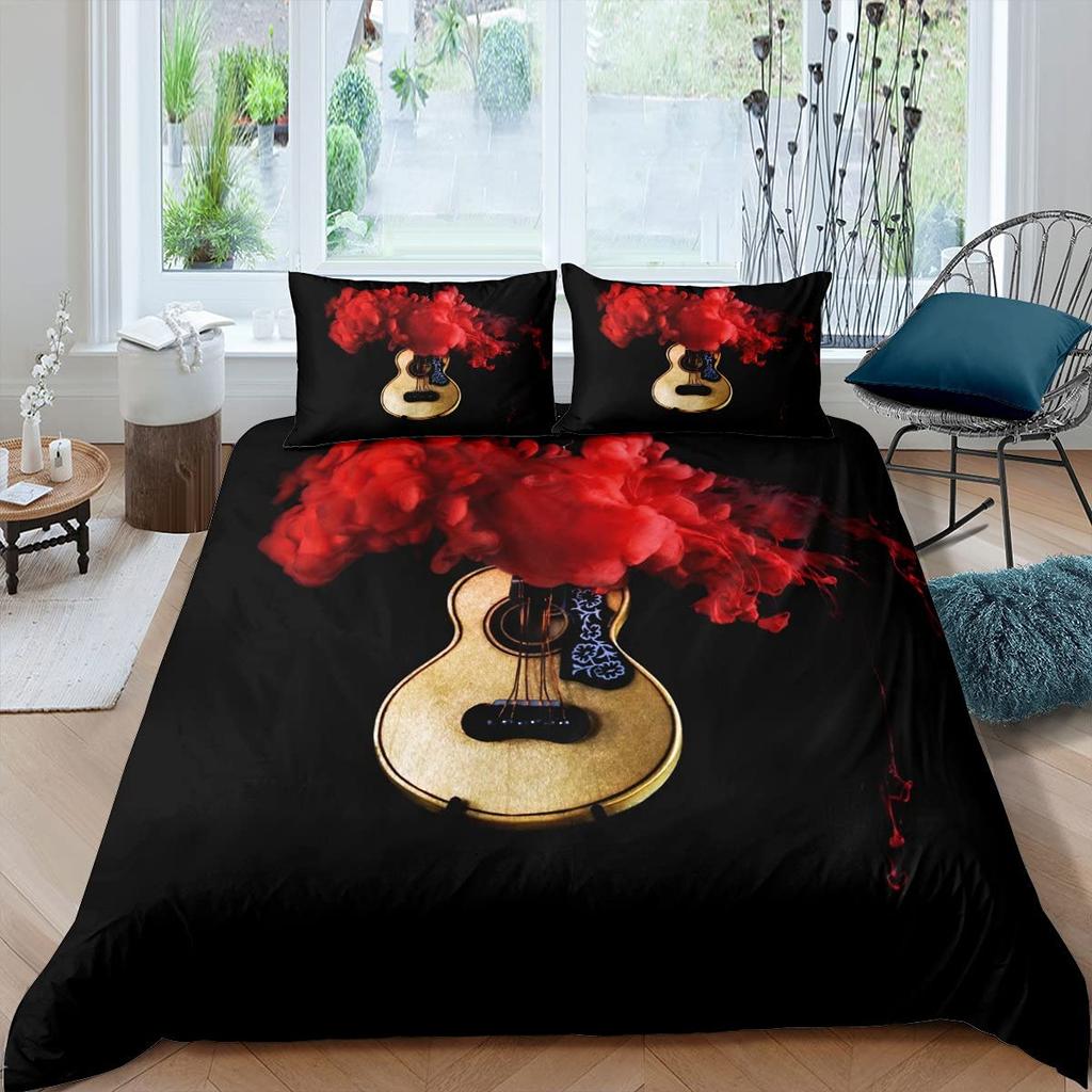 Electric Guitar King Queen Duvet Cover Stringed Instrument Bedding Set Musical Note Quilt Cover Hippie Polyester Comforter Cover