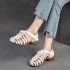 Johnature Genuine Leather Hand Woven Breathable Sandals Retro Round Toe Low Heel Women's Shoes