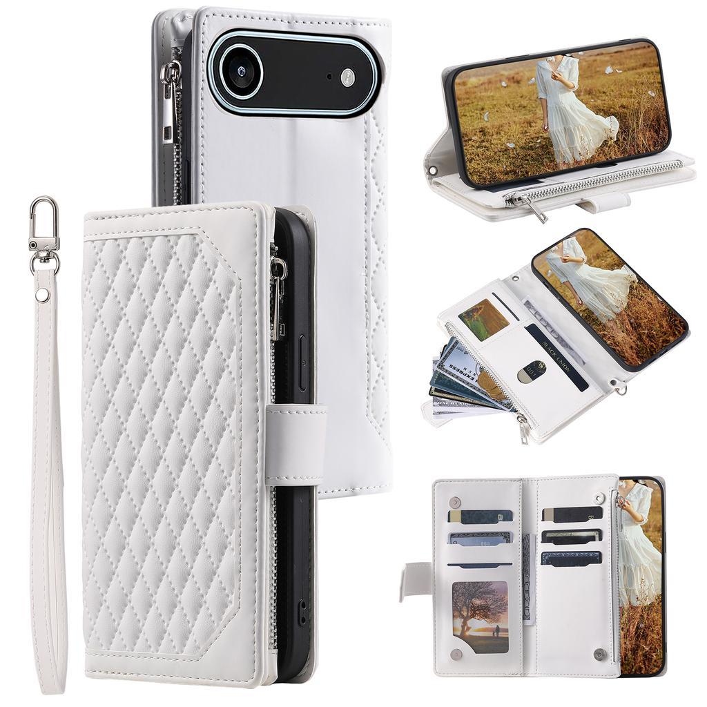 For iPhone 17 Air Wallet Case Rhombus Stitching Line PU Leather Phone Cover with Wrist Strap