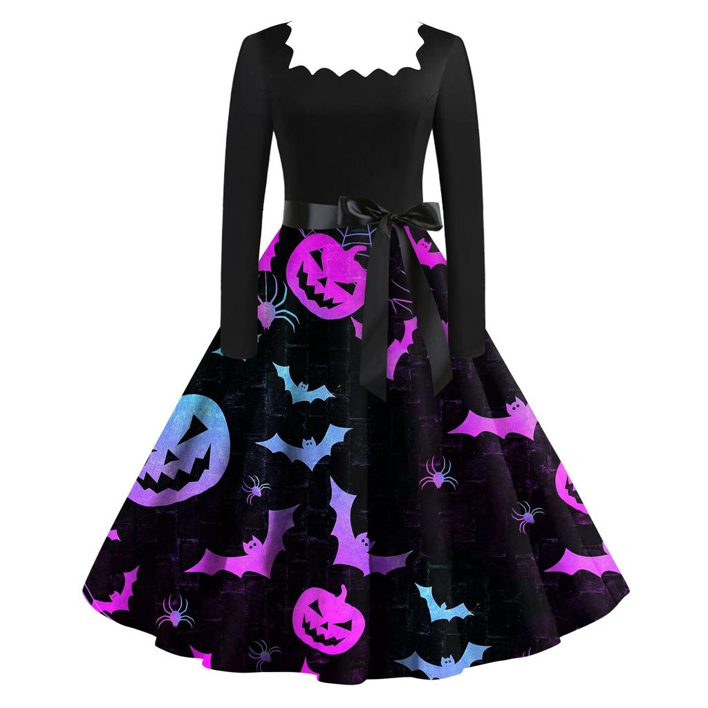 Женское повседневное модное винтажное платье с длинным рукавом и принтом на Хэллоуин