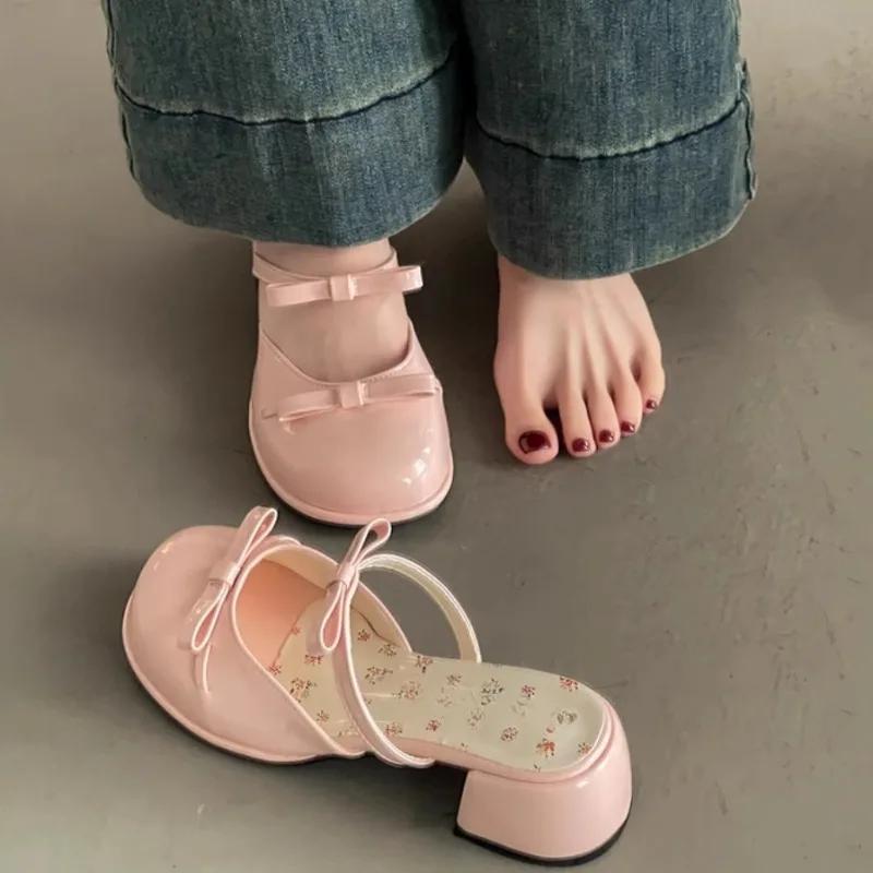 Модные туфли-мюли на блочном каблуке с бантом, женские для улицы, лето 2025, новые, милые и универсальные, модные цветочные сандалии