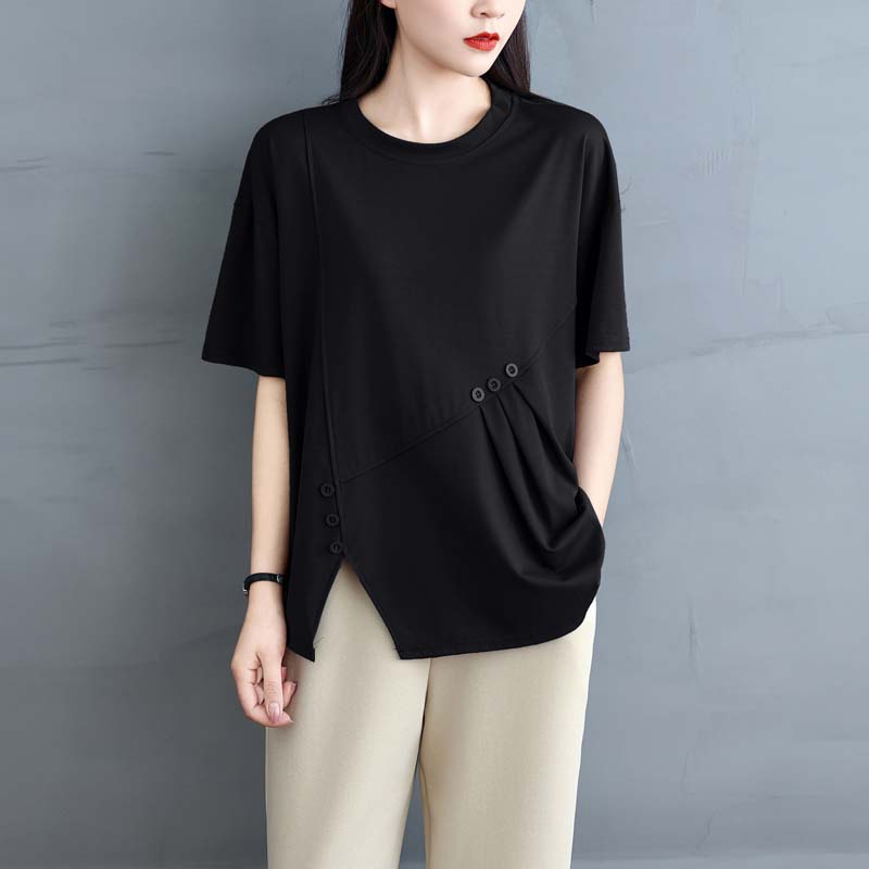 Dimanaf 2025 Летние топы больших размеров из хлопка с круглым вырезом, однотонные асимметричные женские свободные футболки с коротким рукавом