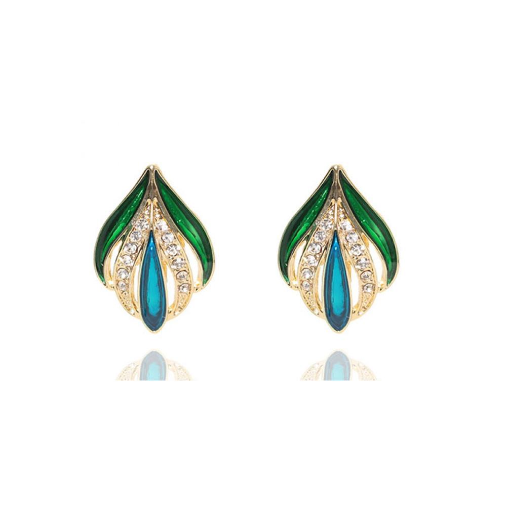 1 Pair of Women's Earrings Retro Style Leaf and Bud Colorful Glaze Diamond-mounted Ear Clip