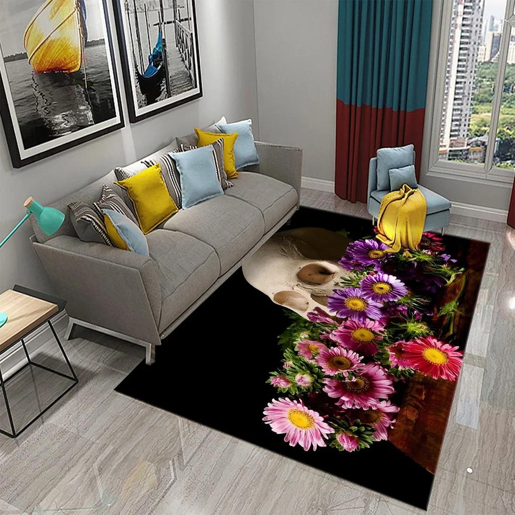 Flower Skull Carpet Skeleton Skull Bone Design Living Room Bedroom And Kitchen Bathroom Non-Slip Decor