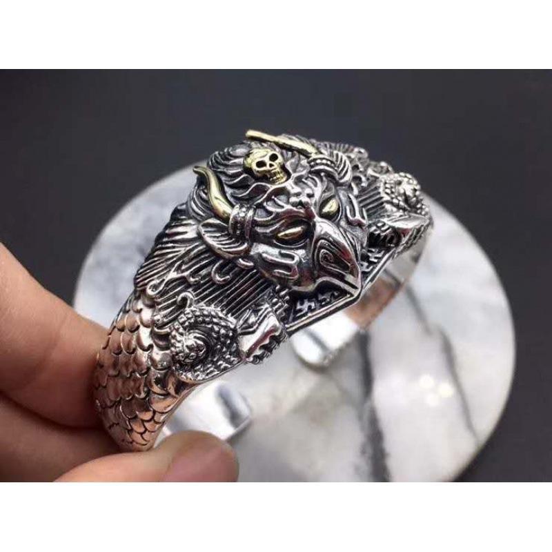 Браслет Пиксю для широкого запястья для мужчин, из чистого серебра, доминирующая трендовая мода, браслет с открытой головой тигра, тяжелая версия