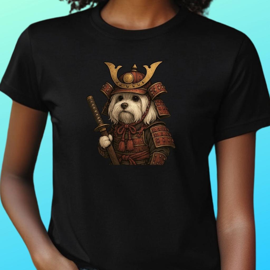 T-Shirt Frauen Samurai Malteser Hund Motiv Baumwolle Größe S bis 3XLWird in neuem Fenster oder Tab geöffnet