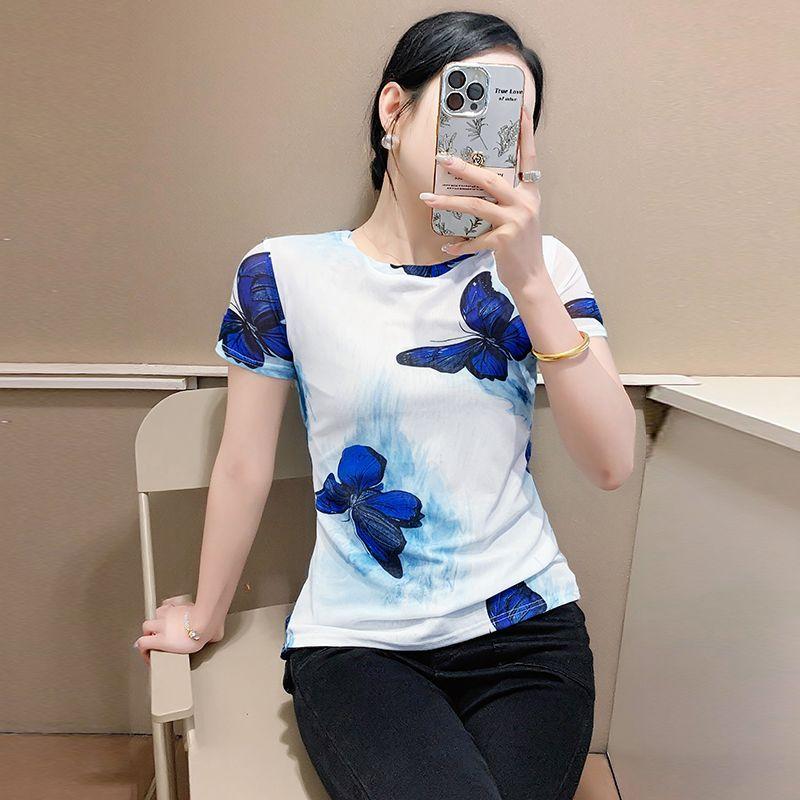 Western Butterfly Print Short Sleeved Women's Fashionable Ice Silk Mesh Top Slim Fit Versatile T-shirt