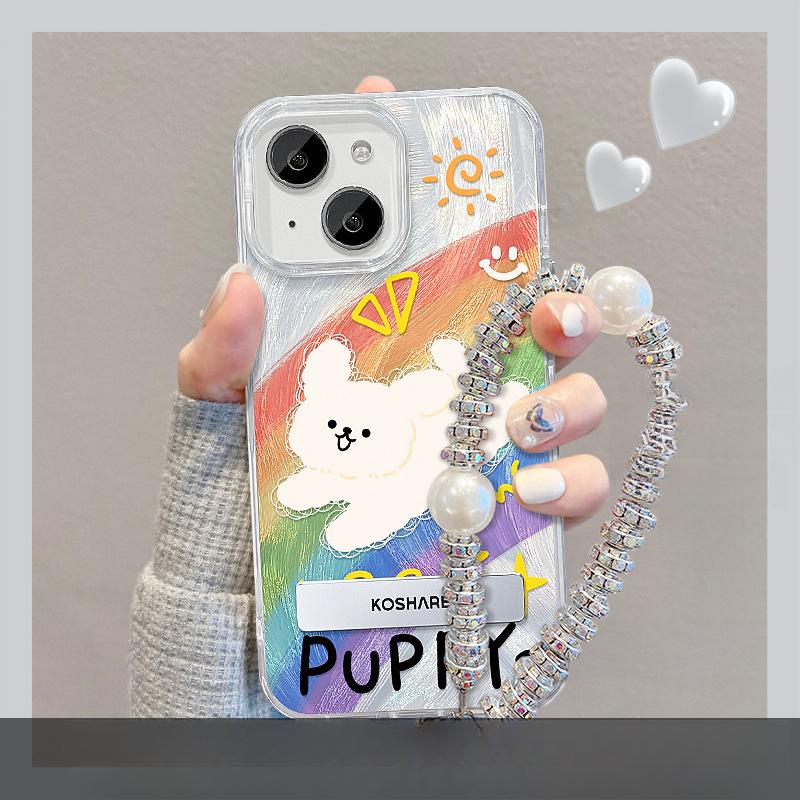 Подходит для чехла для мобильного телефона Apple 15 Летний Iphone14 Радужный кот Подставка Цепочка 13 Перо Пряжа IDM Милый 7/8