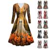 Women's Fashion V Neck Ruffle Long Sleeve Halloween Print Slim Fit Gown Casual Dress