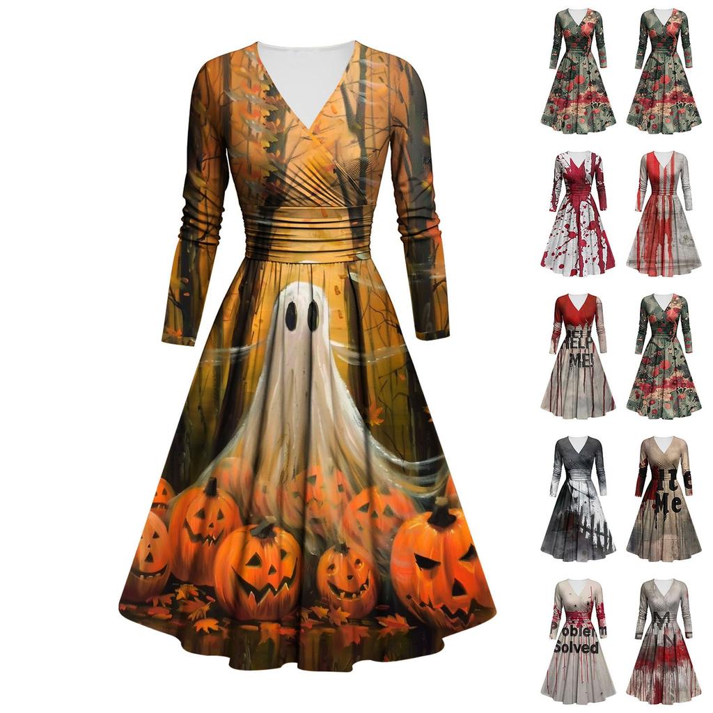 Women's Fashion V Neck Ruffle Long Sleeve Halloween Print Slim Fit Gown Casual Dress