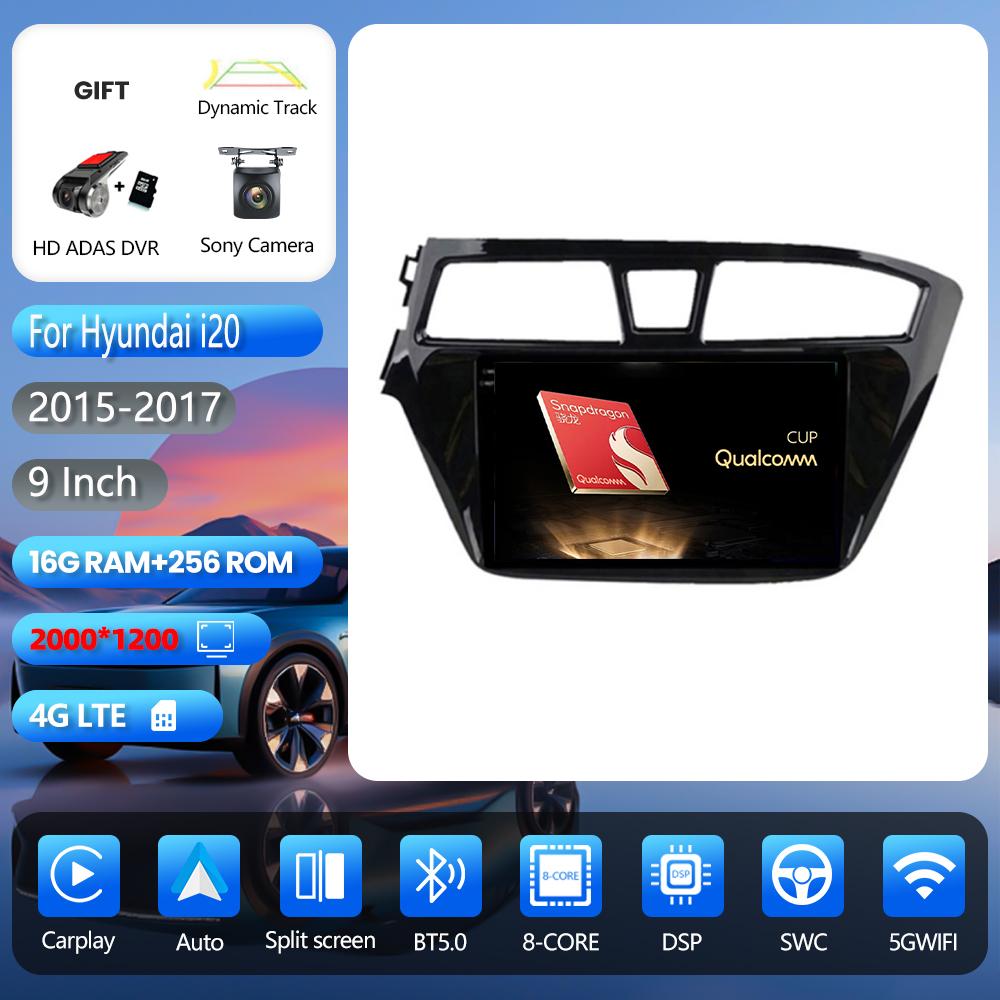 Autoradio multimédia Android 16 Carplay Auto avec lecteur vidéo BT pour Hyundai i20 2 II GB 2014 - 2018, commande au volant, DVD