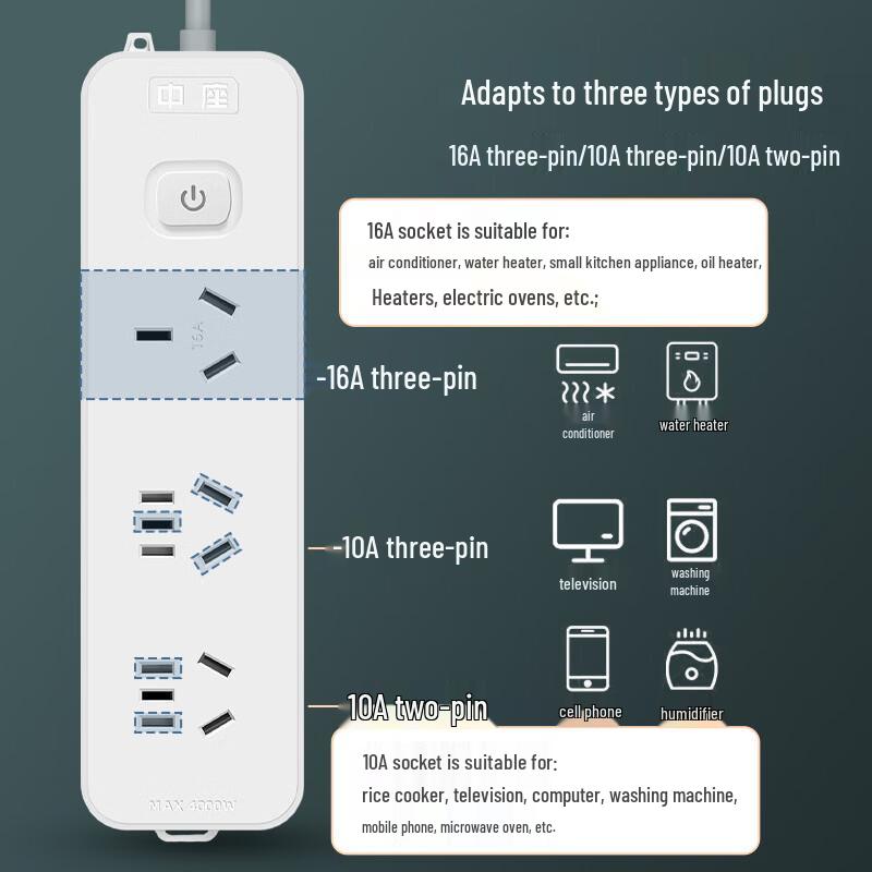 Lilang 10A to 16A High-Power Power Strip with 3 Outlets and 2.8m Cable