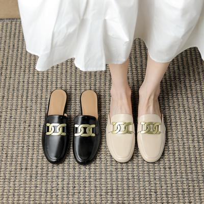 Модные женские новые весенне-летние туфли-мюли с круглым носком, металлическими пряжками и удобным средним каблуком из натуральной кожи, размеры 44 45 46