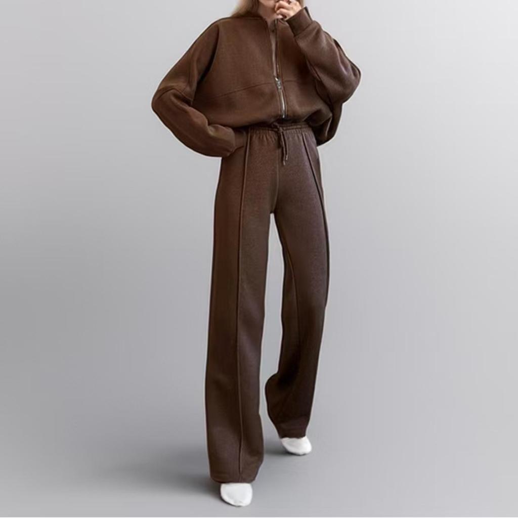 Autumn Solid Color Zipper Casual Sports Long Sleeved Top with Drawstring Casual Pants Two-piece Set