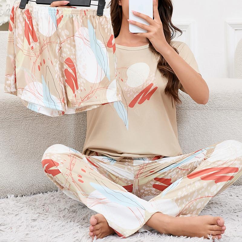 Женский топ с короткими рукавами и круглым вырезом, шорты и брюки, комплект из 3 предметов для дома, пижамные комплекты, ночная рубашка с принтом, повседневный пижамный комплект