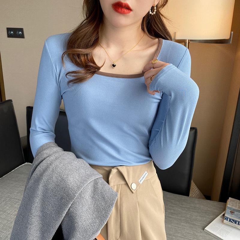 Long-sleeve T-shirt for Women Spring and Autumn Bottom Blouse Slim Knitted Patchwork Square Neck Top