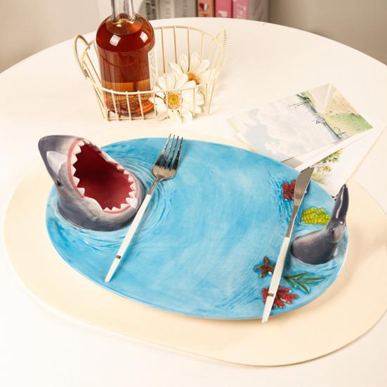 Shark Shape Dumpling Plate with Soy Sauce Dish Creative Handmade Shark Shape Platter for Sushi Cheese Board Party Tray Cute Home Dining Decor