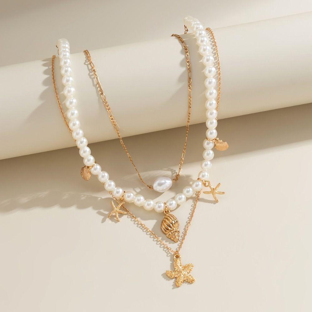 Pendant Conch Clavicle Chain Pearl Starfish Choker Vintage Shell Multilayer Necklace  Women