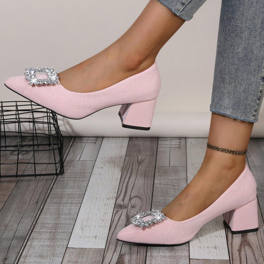 Модные французские туфли-лодочки с острым носком, на толстом каблуке, с кристаллами, пайетками и стразами, 2025 Новые весенне-осенние универсальные банкетные туфли