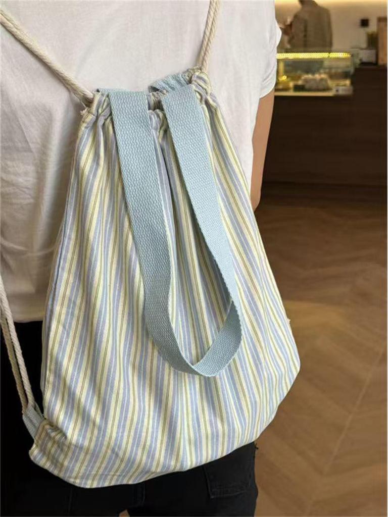 Striped Canvas Drawstring Backpack - 2025 Casual Commuter with Large Capacity & Single Shoulder Strap