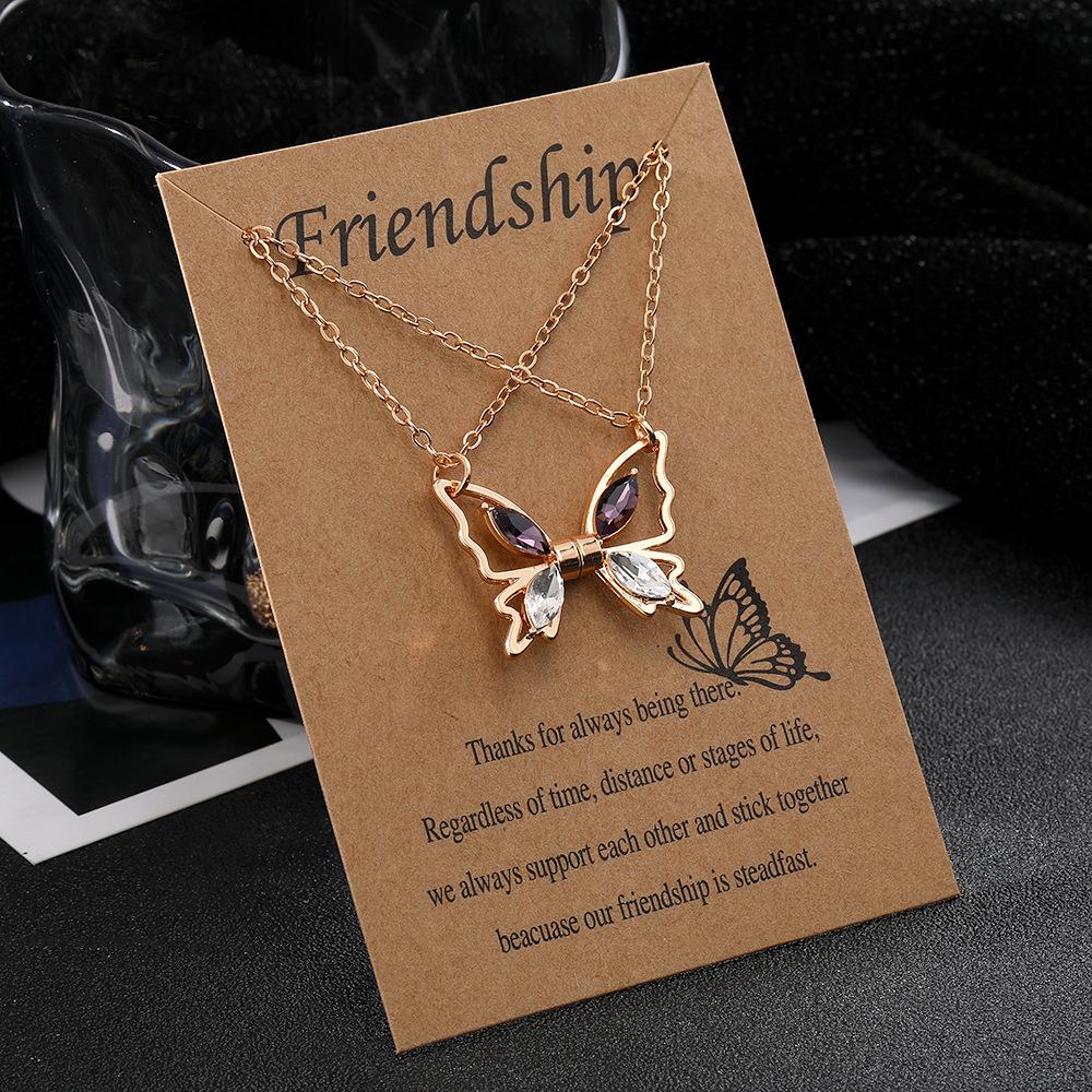Euro-American Hot-Selling Diamond Butterfly Alloy Unisex Necklace Instagram Magnetic Best Friends Niche Pendant