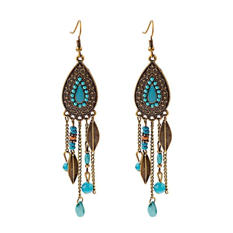 TopHanqi Womens Bohemia Ethnic Bronze Water Drop Earring Multicolor Stone Metal Leaf Pendant Long Tassel Earrings Indian Zircon