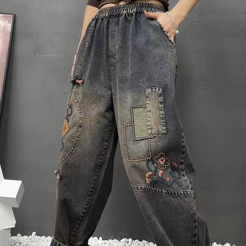 Женские винтажные вышитые мешковатые джинсы в этническом стиле Y2K Streetwear Повседневные джинсы с высокой талией и свободными карманами Джинсовые брюки Pantalones De Mujer