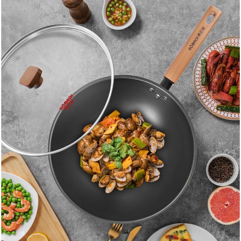 Сковорода-вок, железный вокс с плоским дном 12,5 дюйма, воки и сковороды для жарки с крышкой, вок из углеродистой стали подходят для всех плит