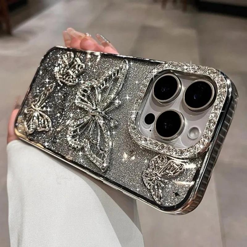 Женский чехол для телефона с бриллиантовой бабочкой для iPhone 17 16 Pro Max 11 12 13 14 15 Plus, прозрачный, с покрытием, мягкий силиконовый чехол