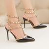 Fashion Sexy Nightclub Slim Heels Patent Leather Metal Rivets Hollowed Out Roman Fashion Sandals Banquet Hall Women's High Heels