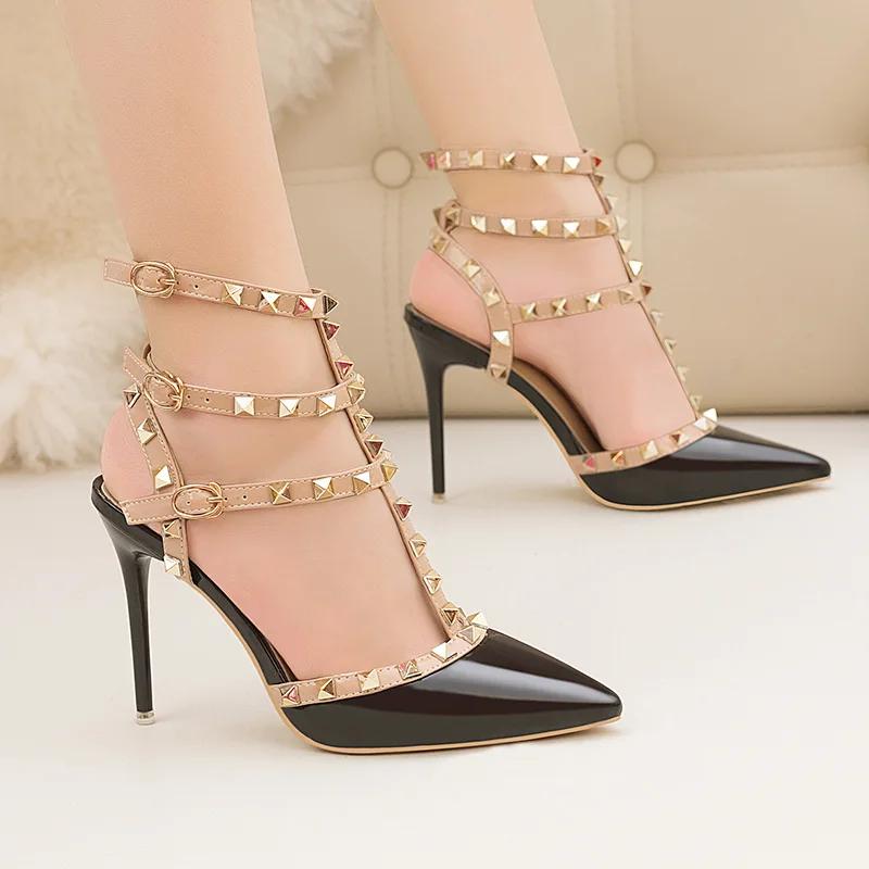 Fashion Sexy Nightclub Slim Heels Patent Leather Metal Rivets Hollowed Out Roman Fashion Sandals Banquet Hall Women's High Heels