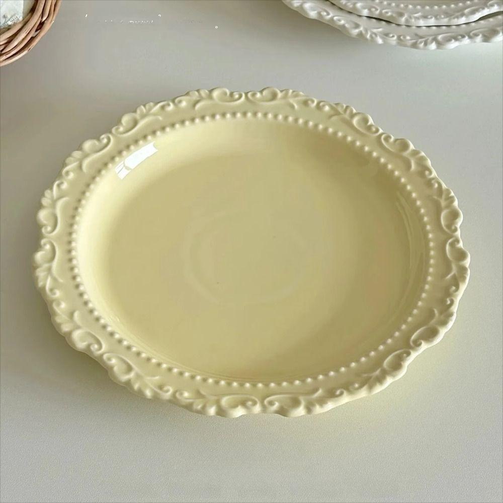 Embossed Design Ceramic Dessert Plate White/Yellow Color Western Dining Tableware Kitchen Use