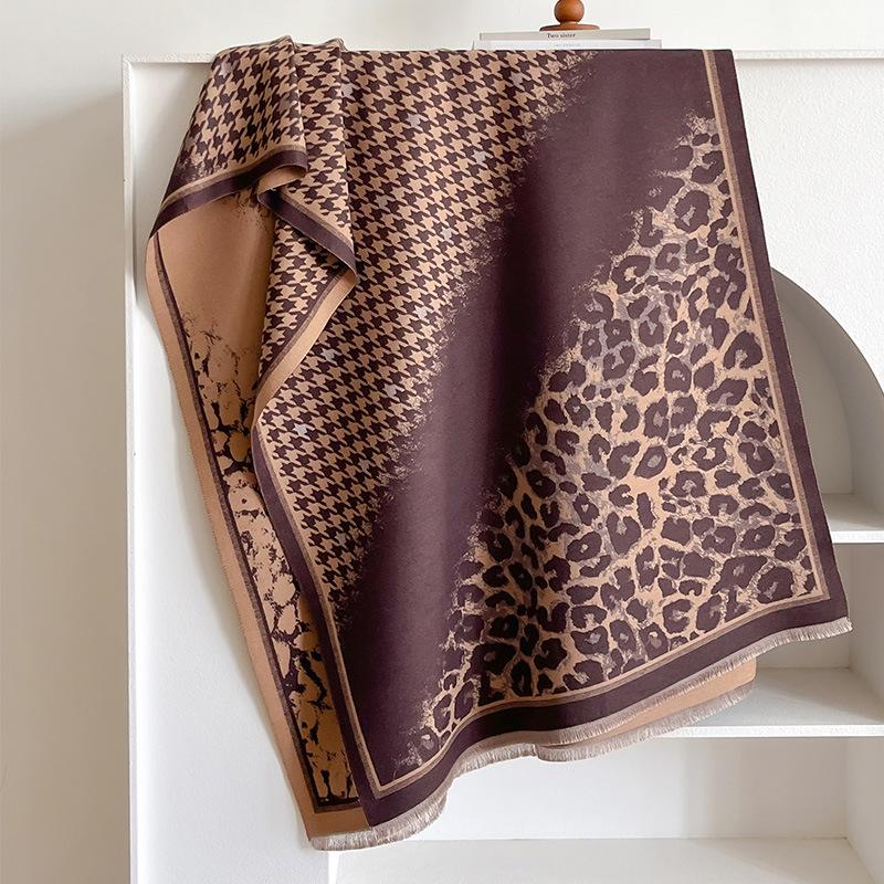 Thousand Bird Grid Stitching Leopard Print Commuting Fashion Elegant Beautiful Imitation Cashmere Thermal Scarf Shawl Cape Women