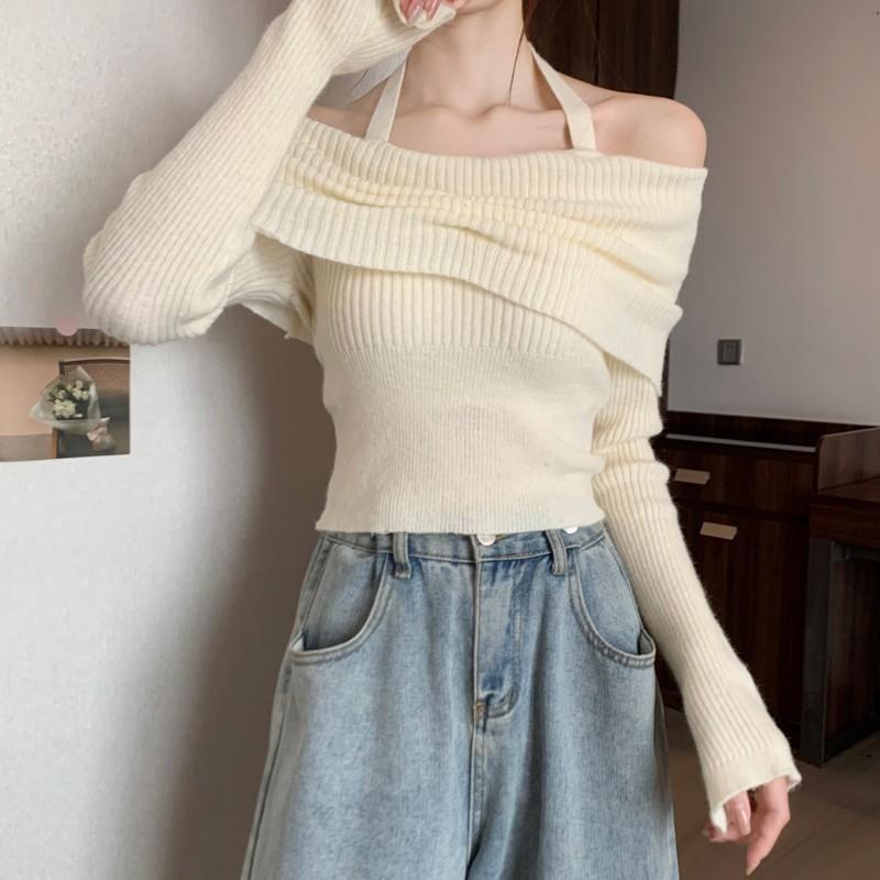 Осенне-зимние сексуальные женские свитера с разрезом на плече, с длинным рукавом, облегающие трикотажные свитера, топы, женские пуловеры с открытыми плечами, трикотажные изделия 24952