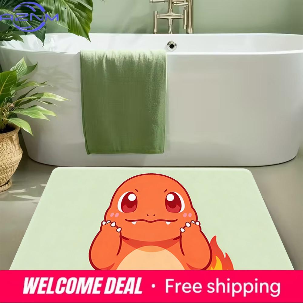 Cute Charmander Hands on Cheeks Print Doormat Anti-slip Absorbent Floor Mat for Home Entrance Bedroom Living Room Decor