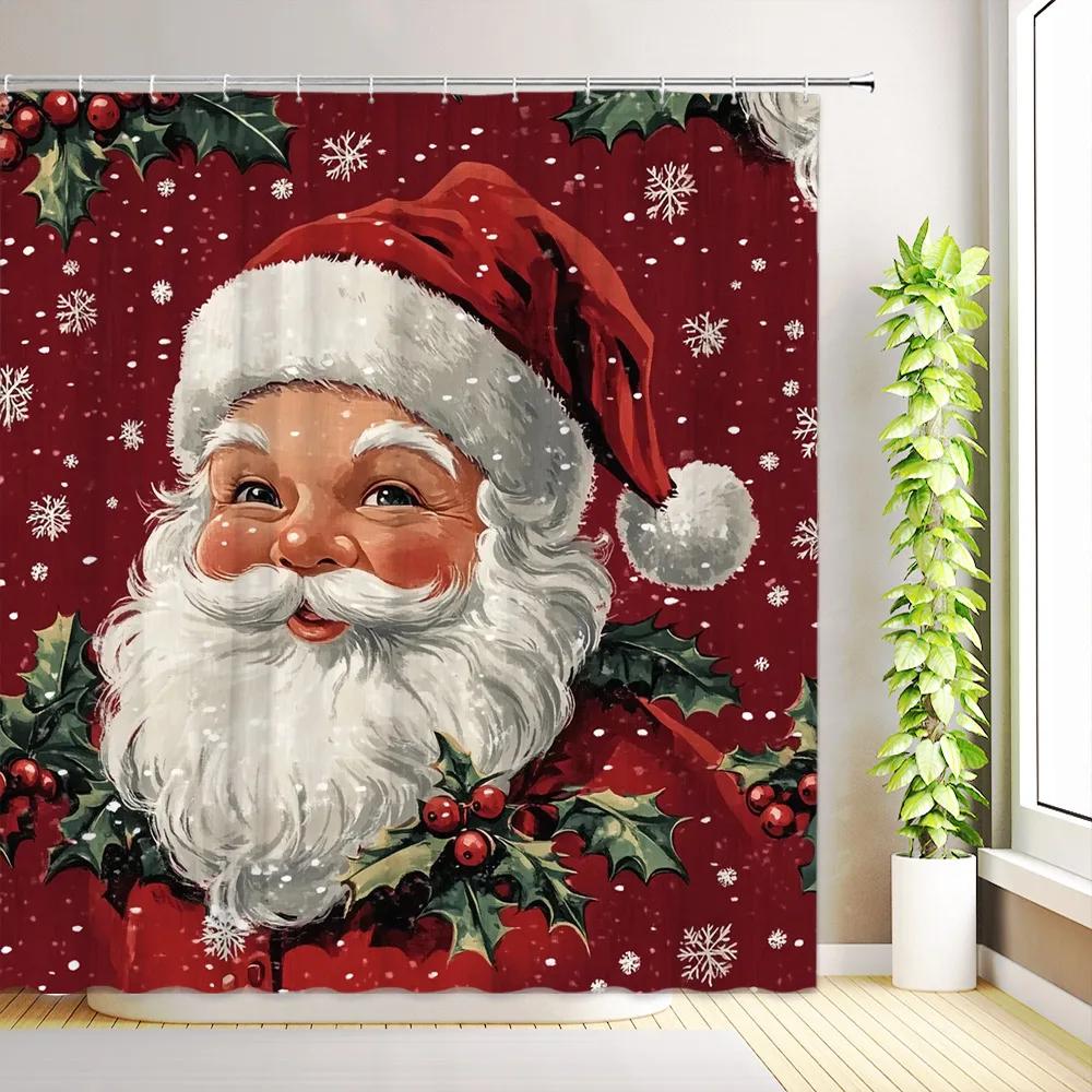JY01Christmas Cute Snowman Shower Curtains Santa Claus Winter Snowflake Snow Scenery Cedar Reindeer Xmas Bathroom Decor With H@1