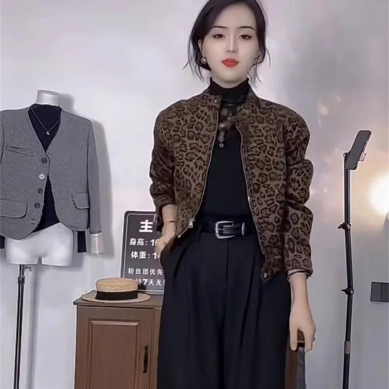 Ретро Леопардовый Принт Модная Короткая Куртка Кардиган на Молнии Повседневный Топ